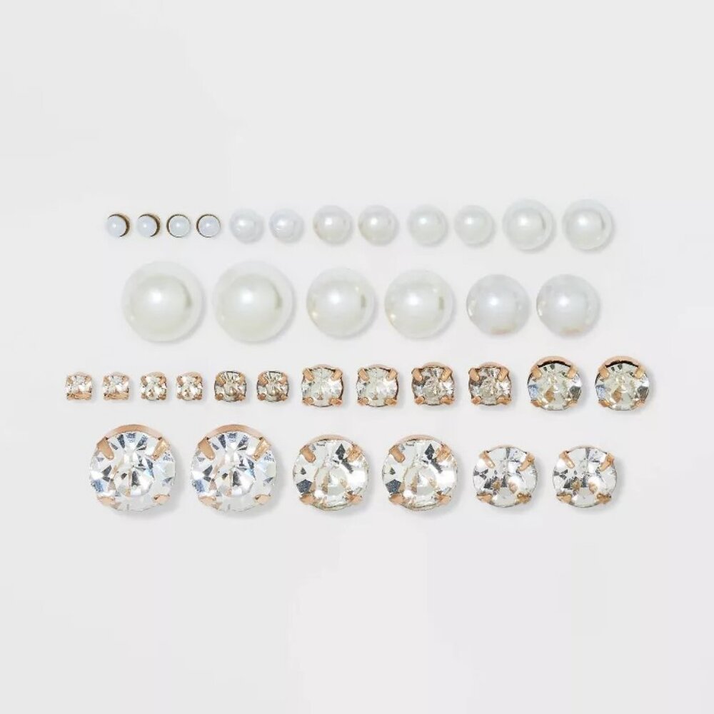 NWD! Wild Fable Pearl & Rhinestone Cubic Zirconia Stud Earring Set 18pc White